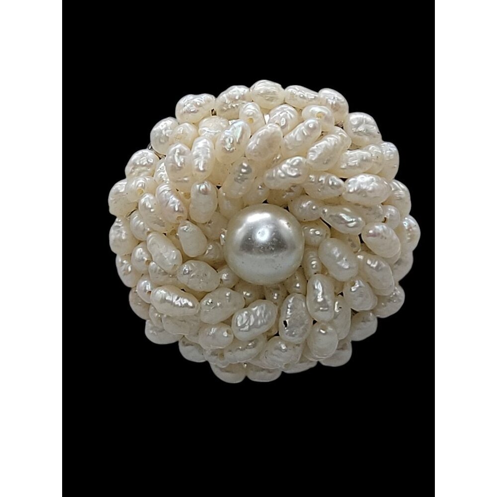 Seed Pearl Cluster Brooch Intricate Twisted Dome Bead Design Silver-Tone Back